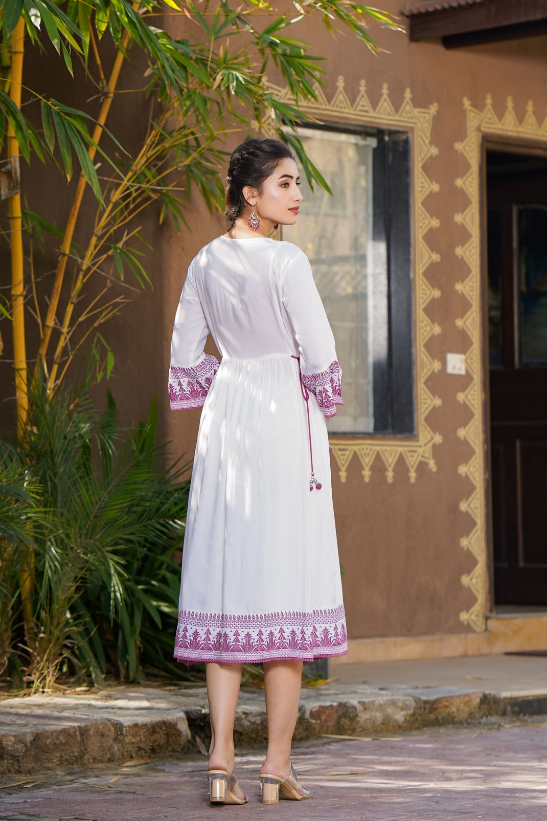 Purple Rayon Embroidered Flared Dress