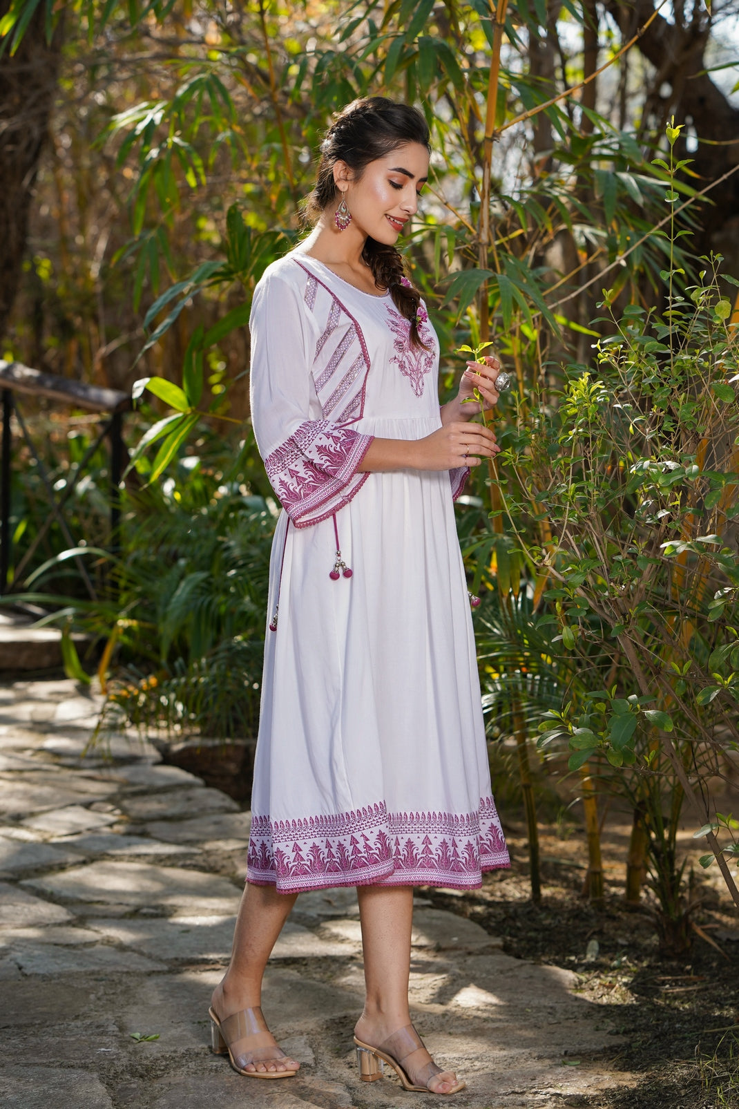 Purple Rayon Embroidered Flared Dress