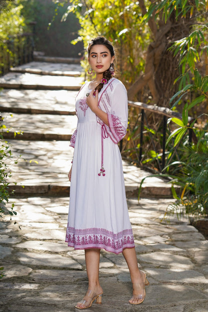 Purple Rayon Embroidered Flared Dress