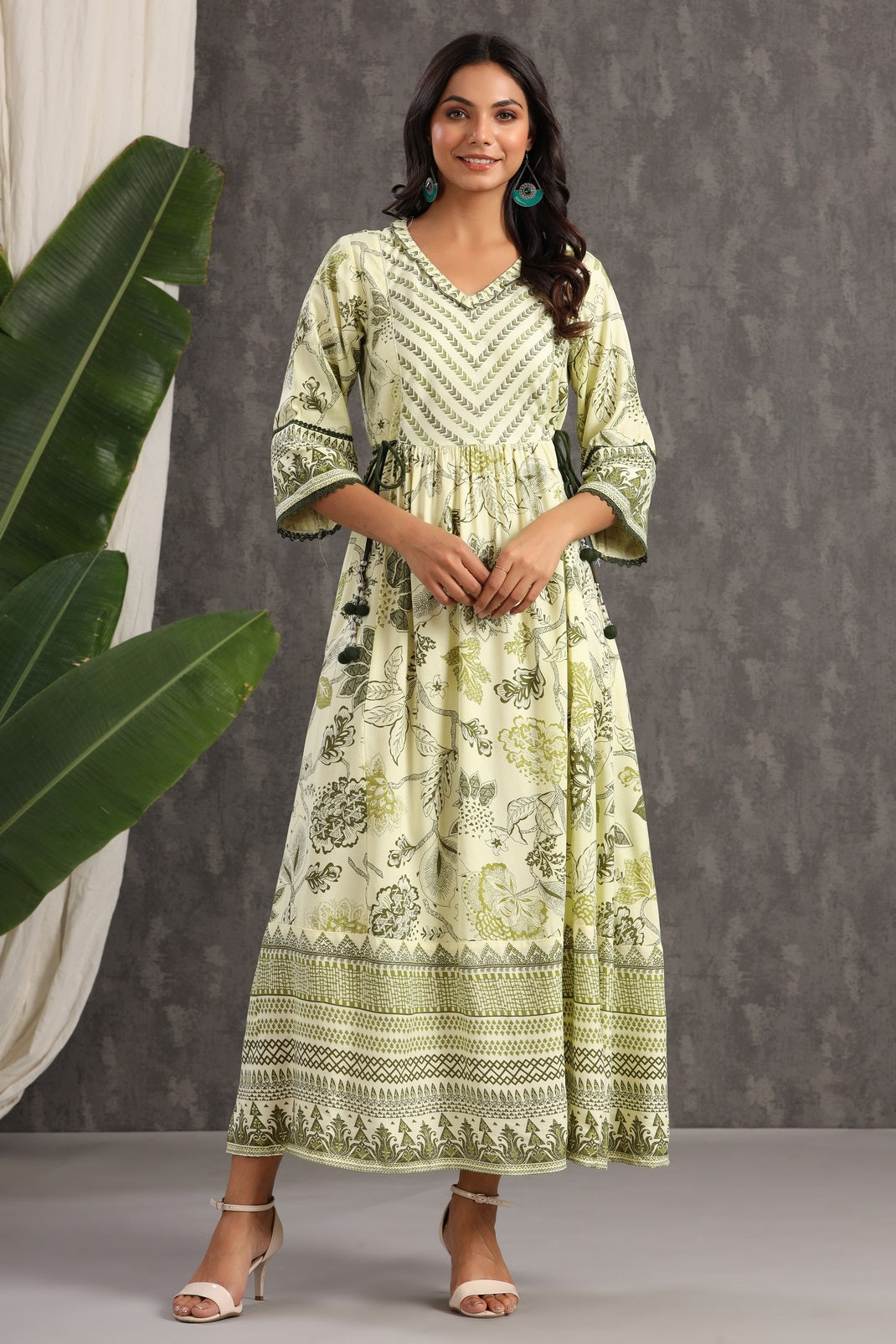 Light Olive Rayon Printed Flared Dress