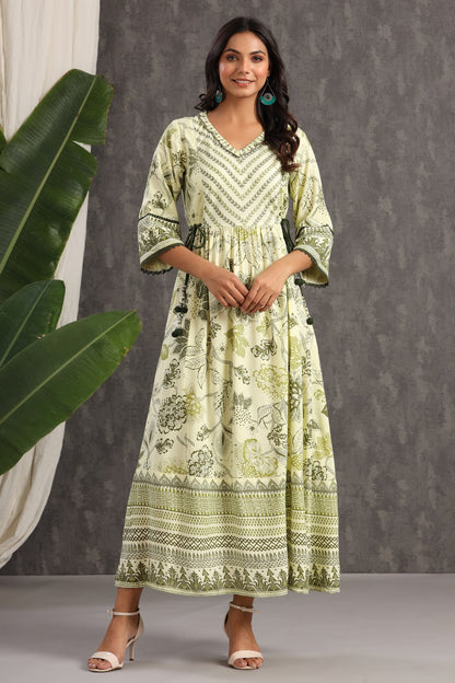 Light Olive Rayon Printed Flared Dress