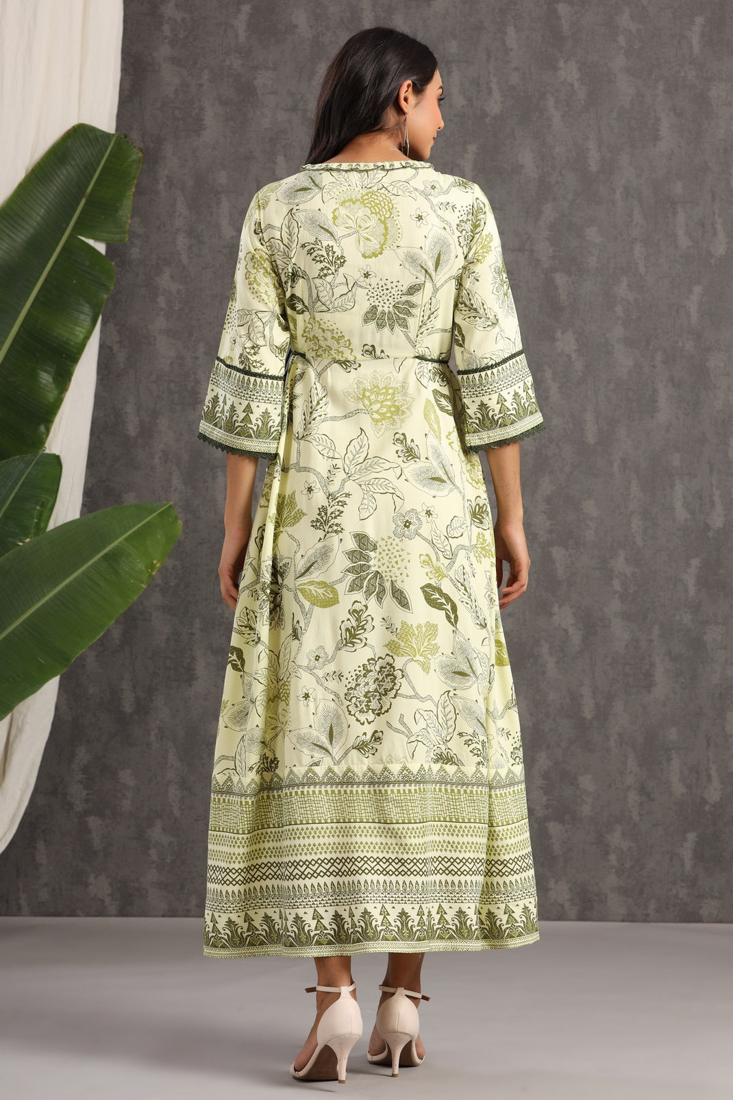 Light Olive Rayon Printed Flared Dress