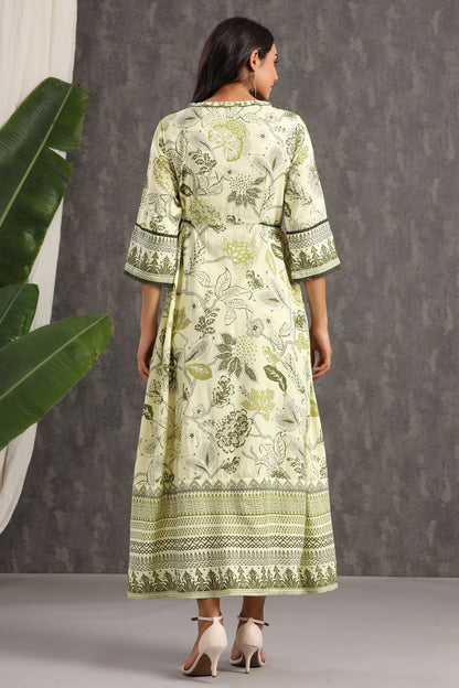 Light Olive Rayon Printed Flared Dress
