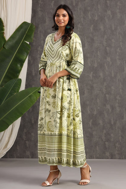 Light Olive Rayon Printed Flared Dress