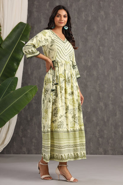 Light Olive Rayon Printed Flared Dress