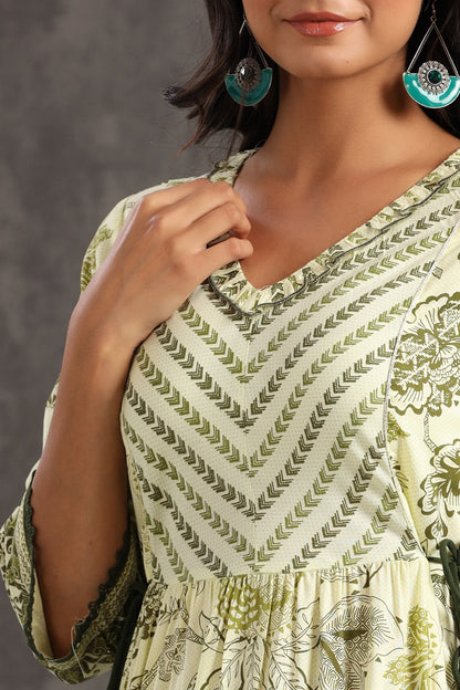 Light Olive Rayon Printed Flared Dress