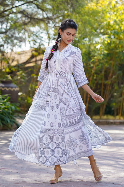 Grey Rayon Printed Flared Dress with Belt