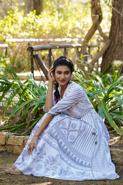 Grey Rayon Printed Flared Dress with Belt