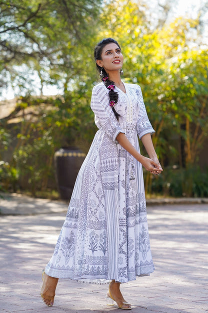 Grey Rayon Printed Flared Dress with Belt