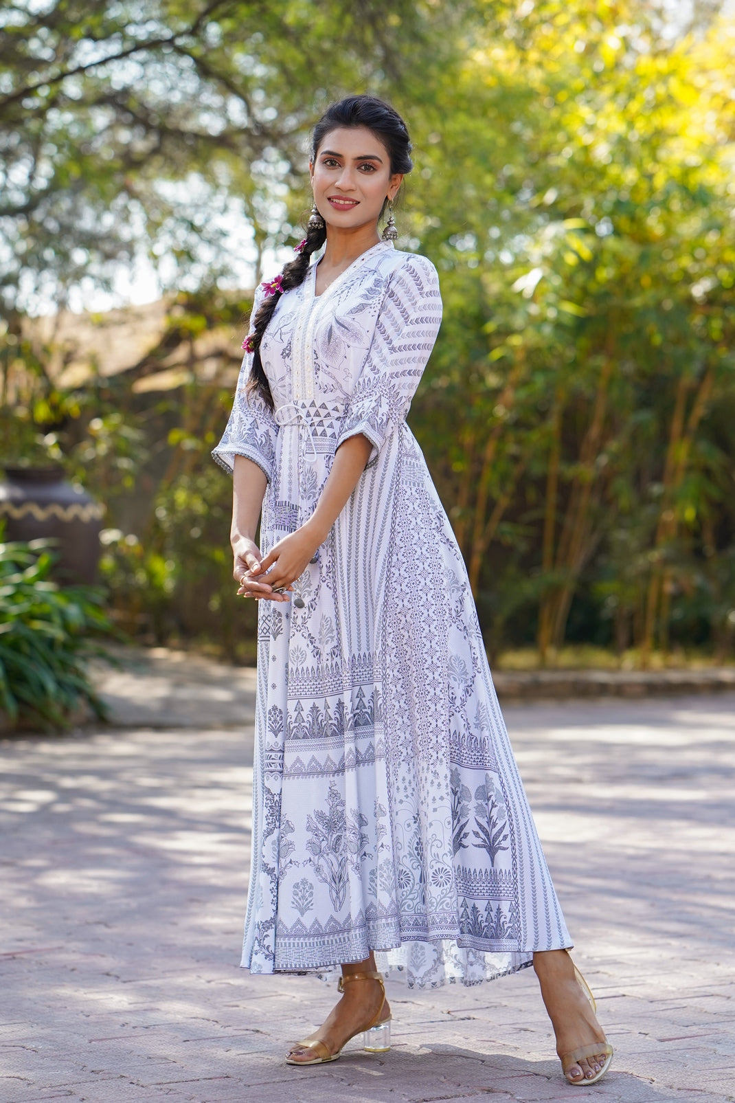 Grey Rayon Printed Flared Dress with Belt