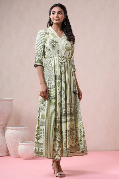 Light Olive Rayon Printed Flared Dress with Belt