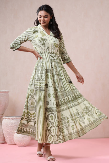 Light Olive Rayon Printed Flared Dress with Belt