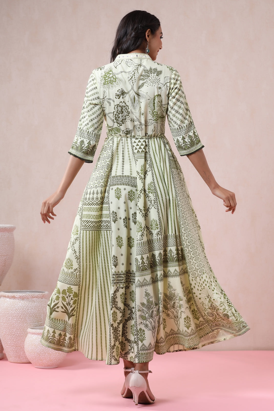 Light Olive Rayon Printed Flared Dress with Belt