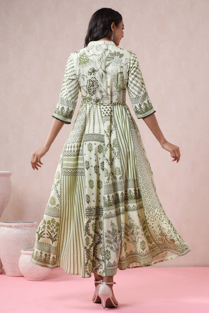 Light Olive Rayon Printed Flared Dress with Belt
