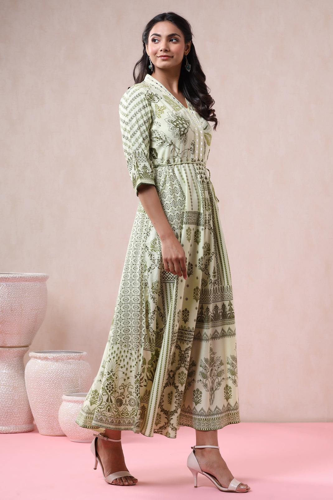 Light Olive Rayon Printed Flared Dress with Belt