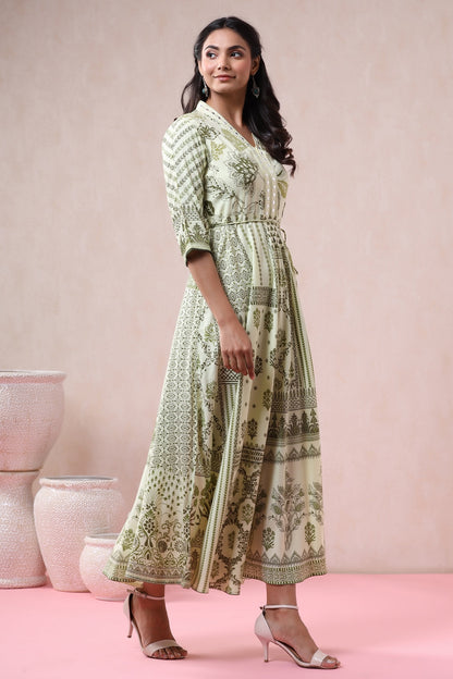 Light Olive Rayon Printed Flared Dress with Belt