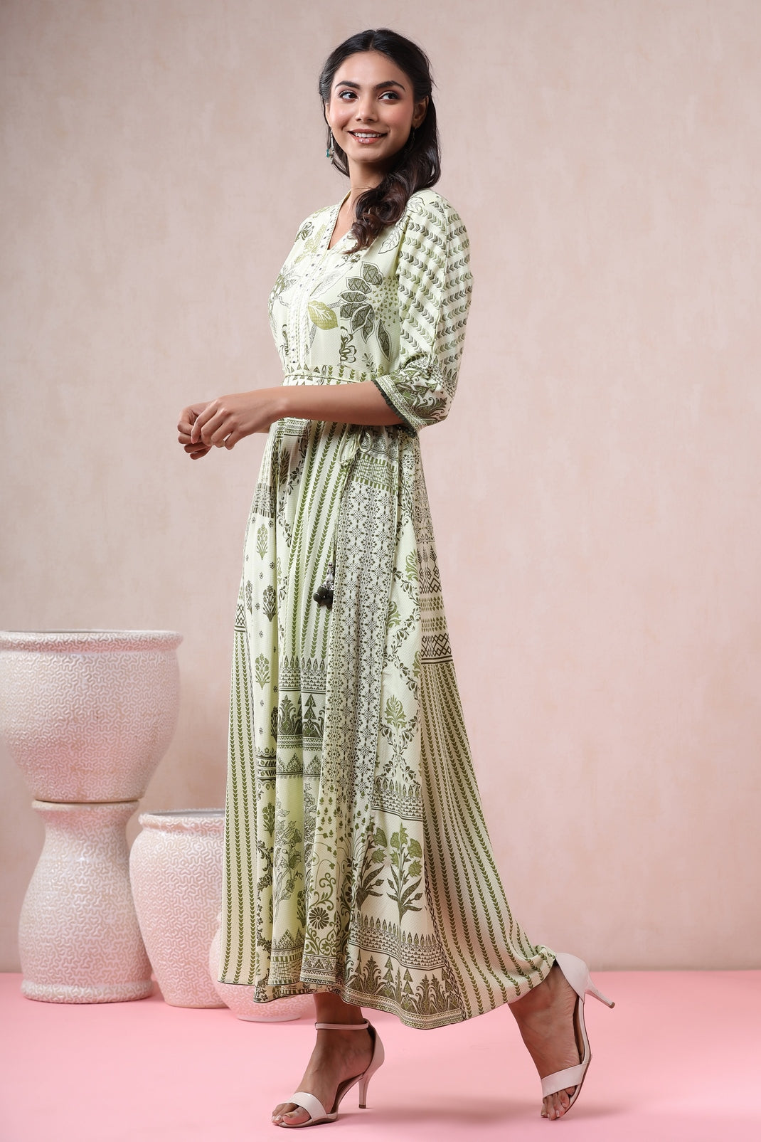 Light Olive Rayon Printed Flared Dress with Belt