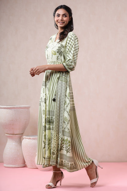 Light Olive Rayon Printed Flared Dress with Belt