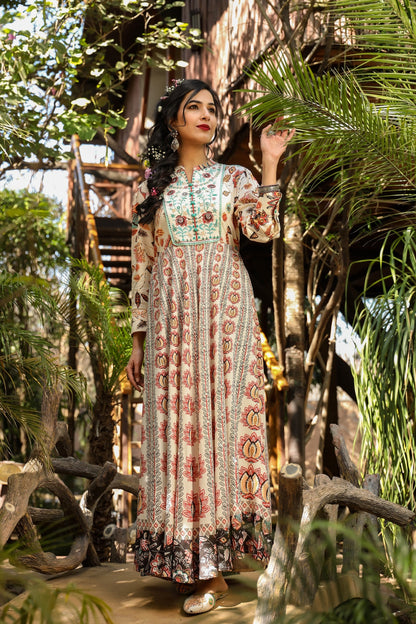 Ivory Rayon Printed Flared Dress