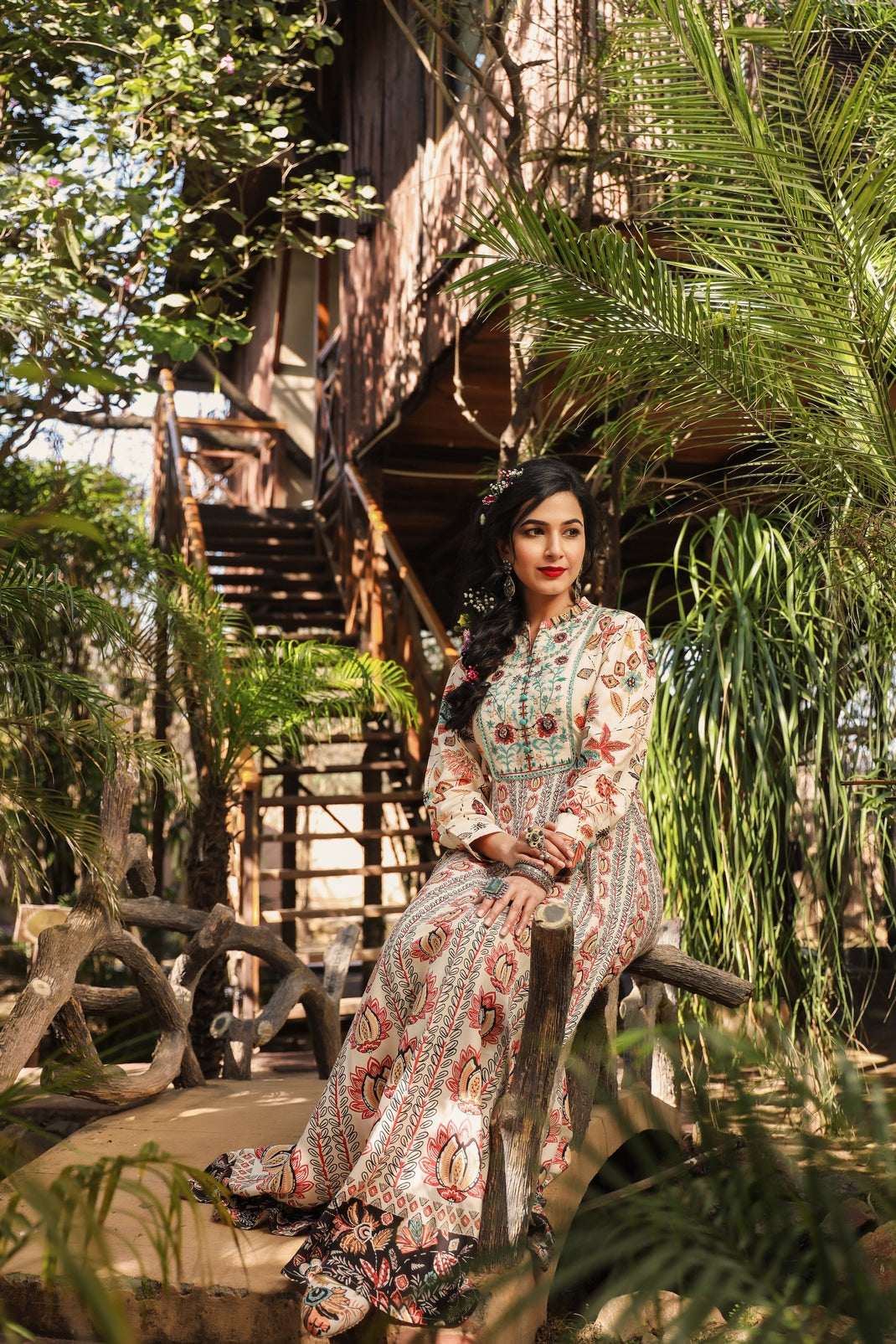 Ivory Rayon Printed Flared Dress