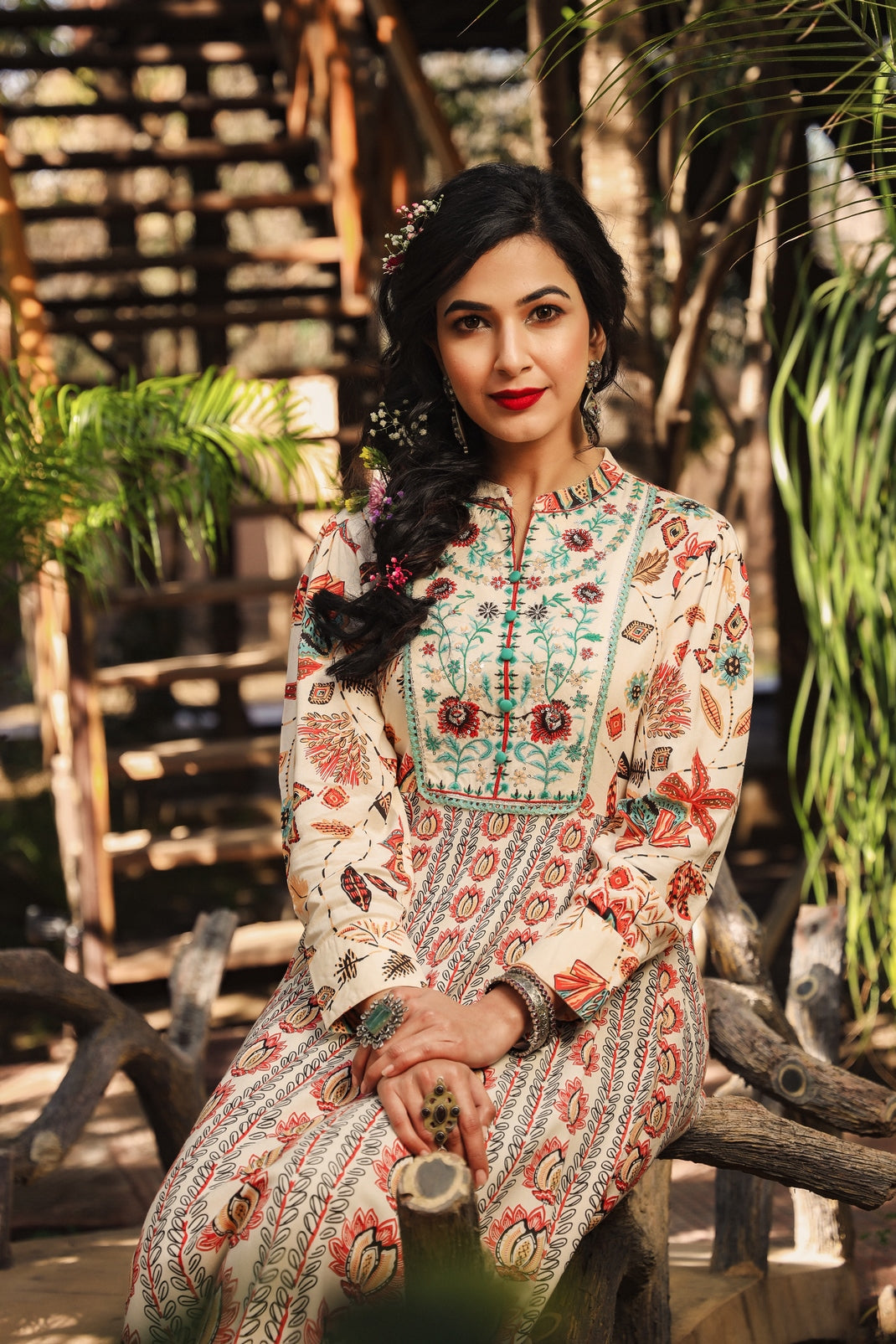 Ivory Rayon Printed Flared Dress