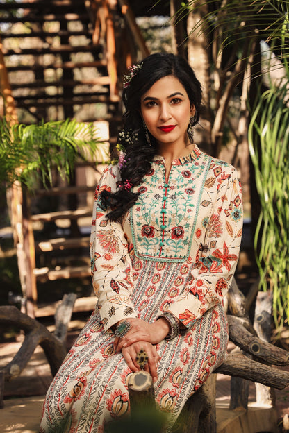 Ivory Rayon Printed Flared Dress