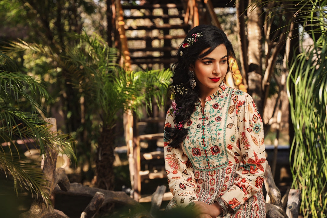 Ivory Rayon Printed Flared Dress