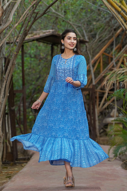 Blue Georgette Printed Tiered Dress