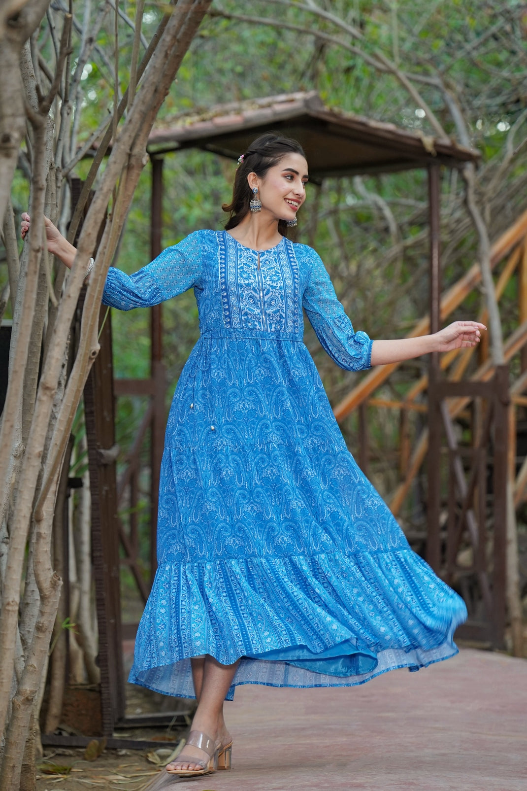 Blue Georgette Printed Tiered Dress