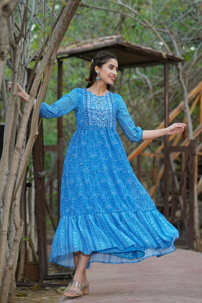 Blue Georgette Printed Tiered Dress