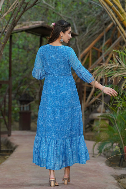 Blue Georgette Printed Tiered Dress