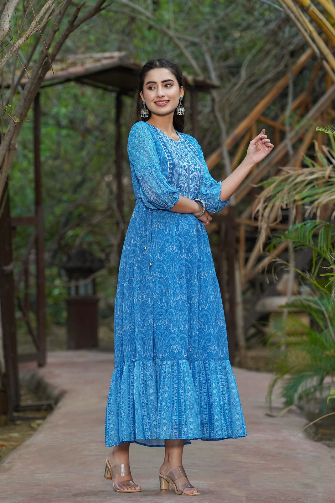 Blue Georgette Printed Tiered Dress