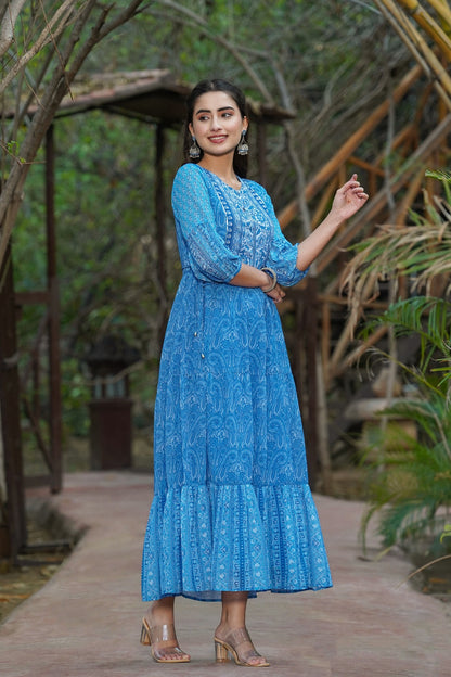 Blue Georgette Printed Tiered Dress