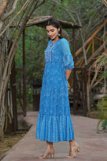 Blue Georgette Printed Tiered Dress