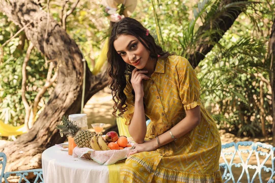 Mustard Rayon Flex Printed Tiered Dress