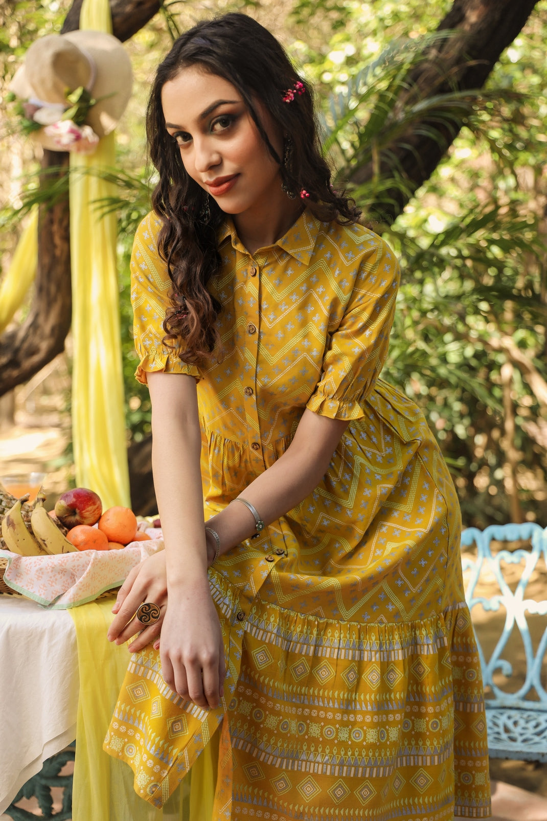 Mustard Rayon Flex Printed Tiered Dress