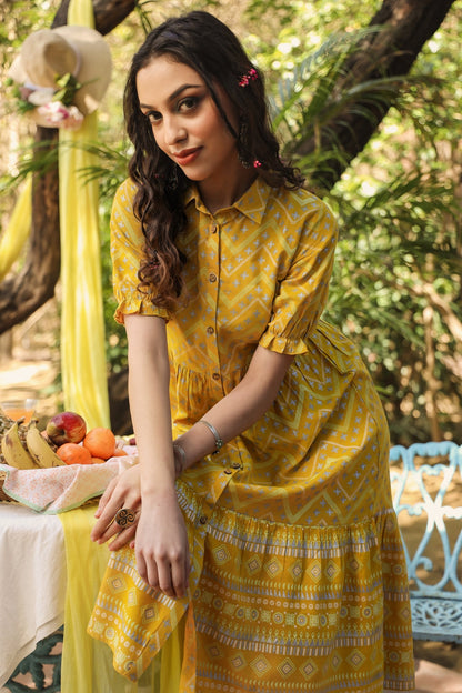 Mustard Rayon Flex Printed Tiered Dress