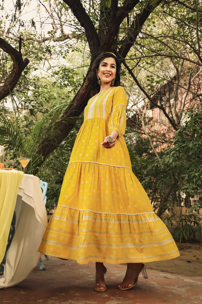 Mustard Rayon Printed Tiered Dress
