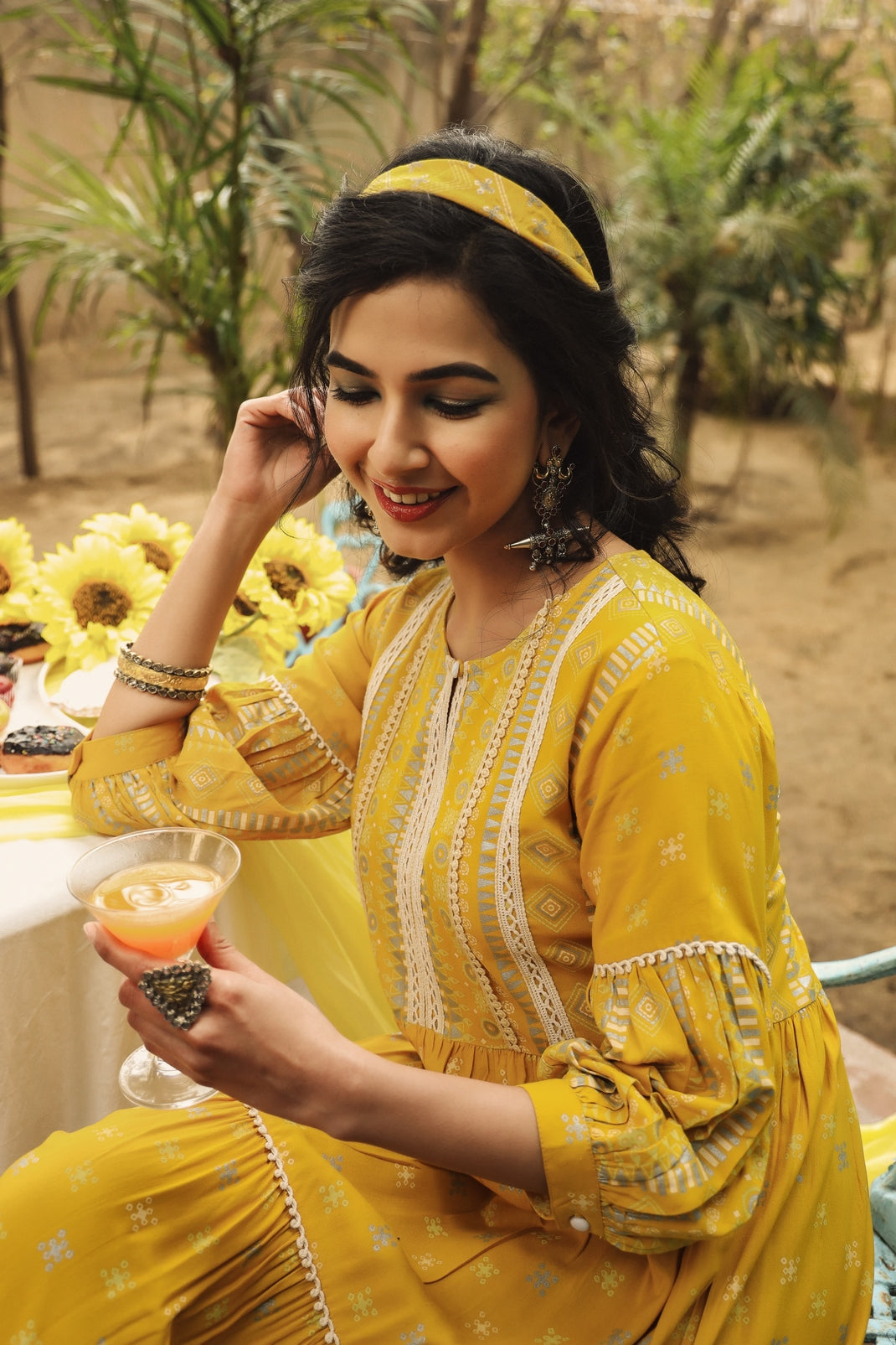 Mustard Rayon Printed Tiered Dress