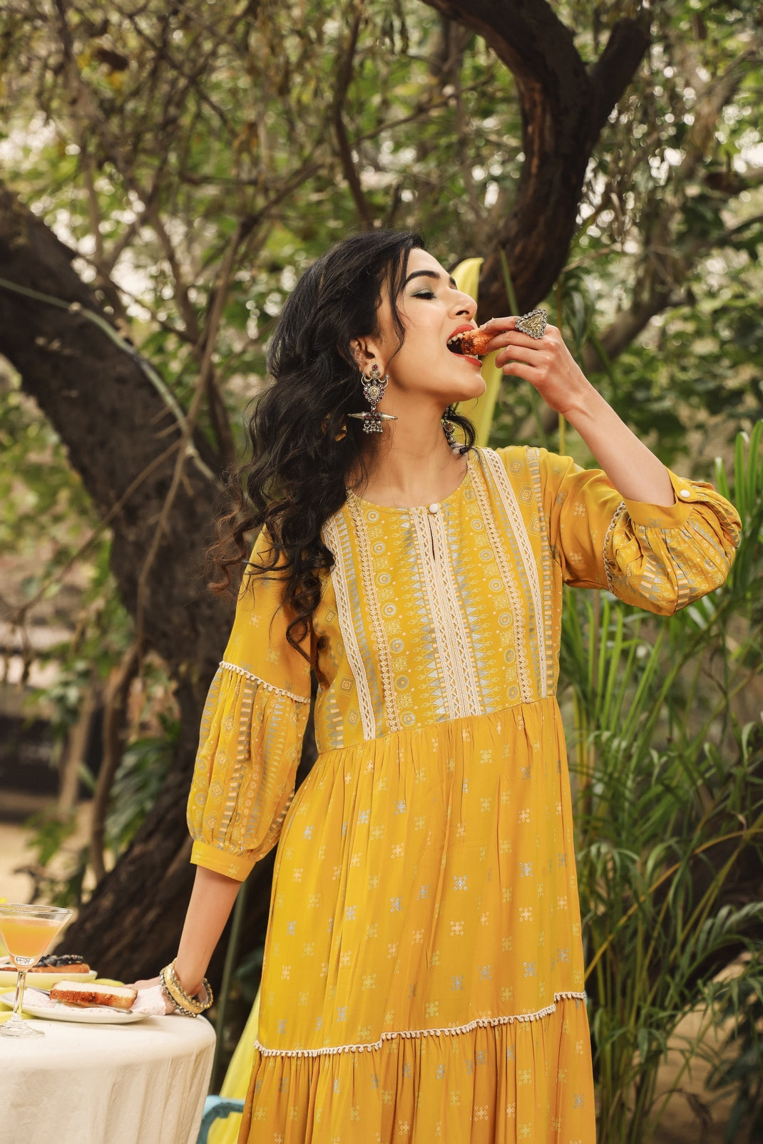 Mustard Rayon Printed Tiered Dress