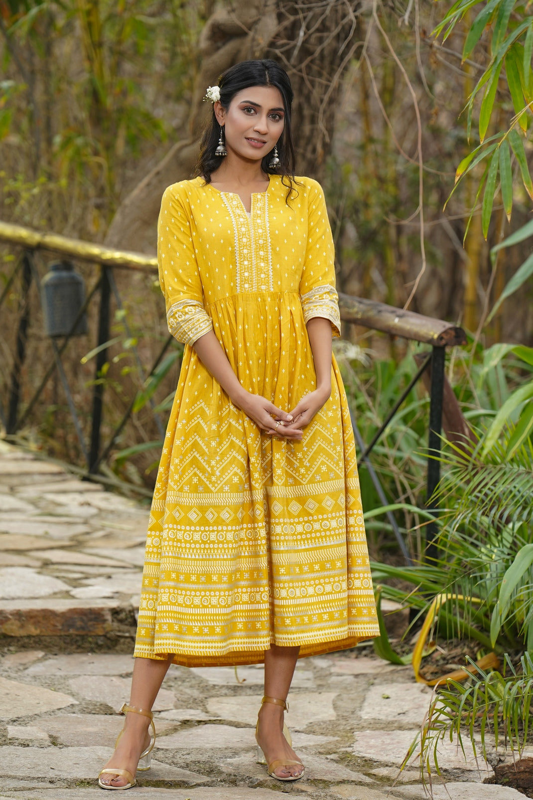 Mustard Rayon Flex Printed Flared Dress