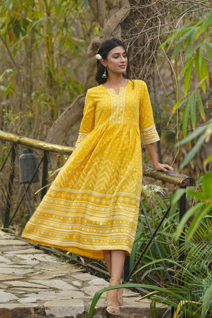 Mustard Rayon Flex Printed Flared Dress