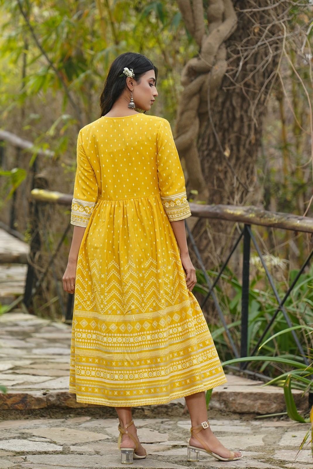 Mustard Rayon Flex Printed Flared Dress