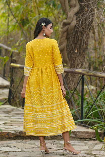 Mustard Rayon Flex Printed Flared Dress