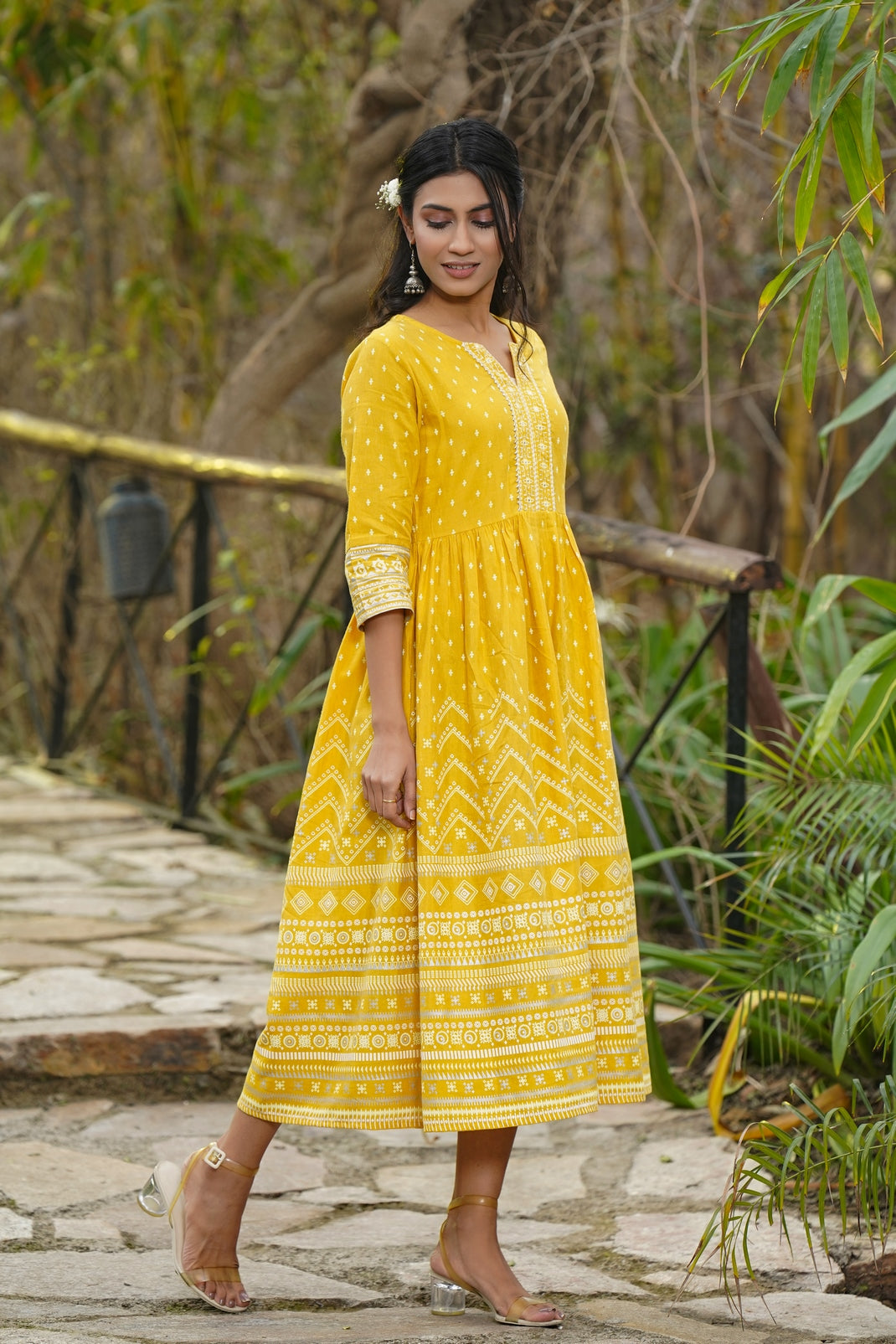 Mustard Rayon Flex Printed Flared Dress