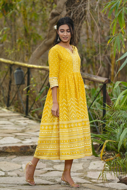 Mustard Rayon Flex Printed Flared Dress