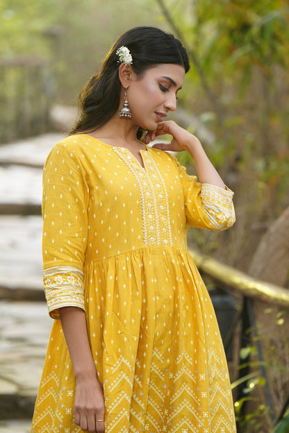 Mustard Rayon Flex Printed Flared Dress