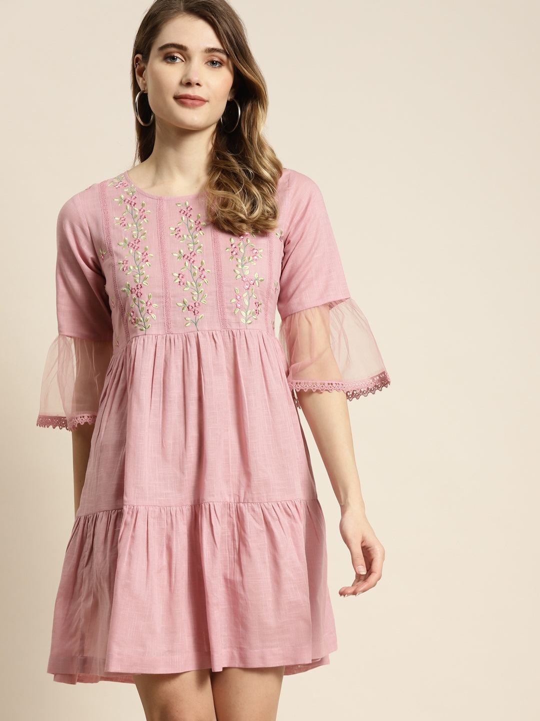 Women`s Blushpink Cotton Slub Embroidered Tiered Dress