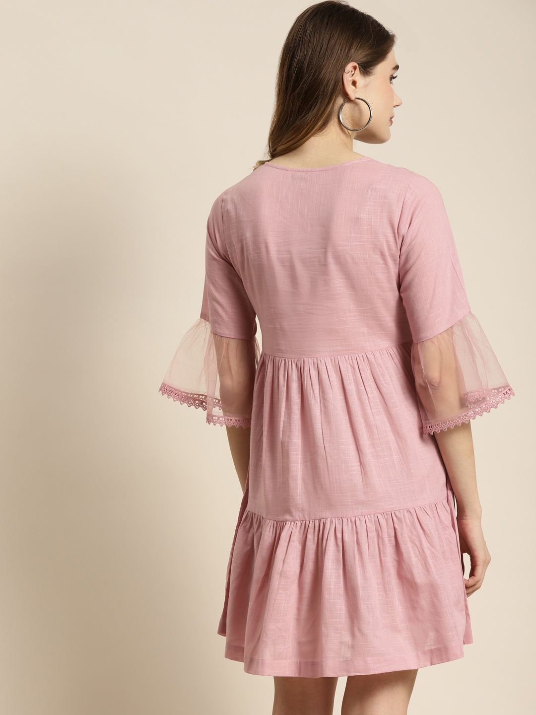 Women`s Blushpink Cotton Slub Embroidered Tiered Dress