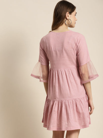 Women`s Blushpink Cotton Slub Embroidered Tiered Dress